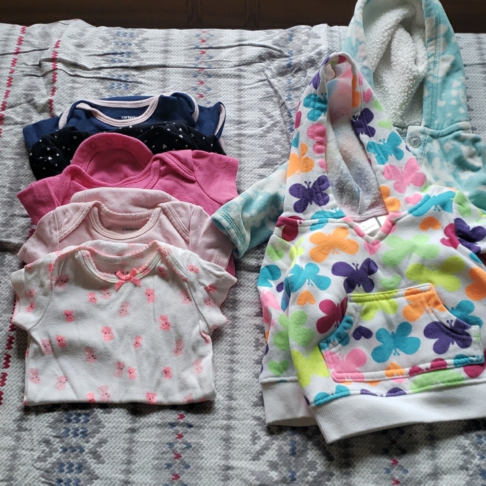 Baby girl 0-3 month onesie and hoodies